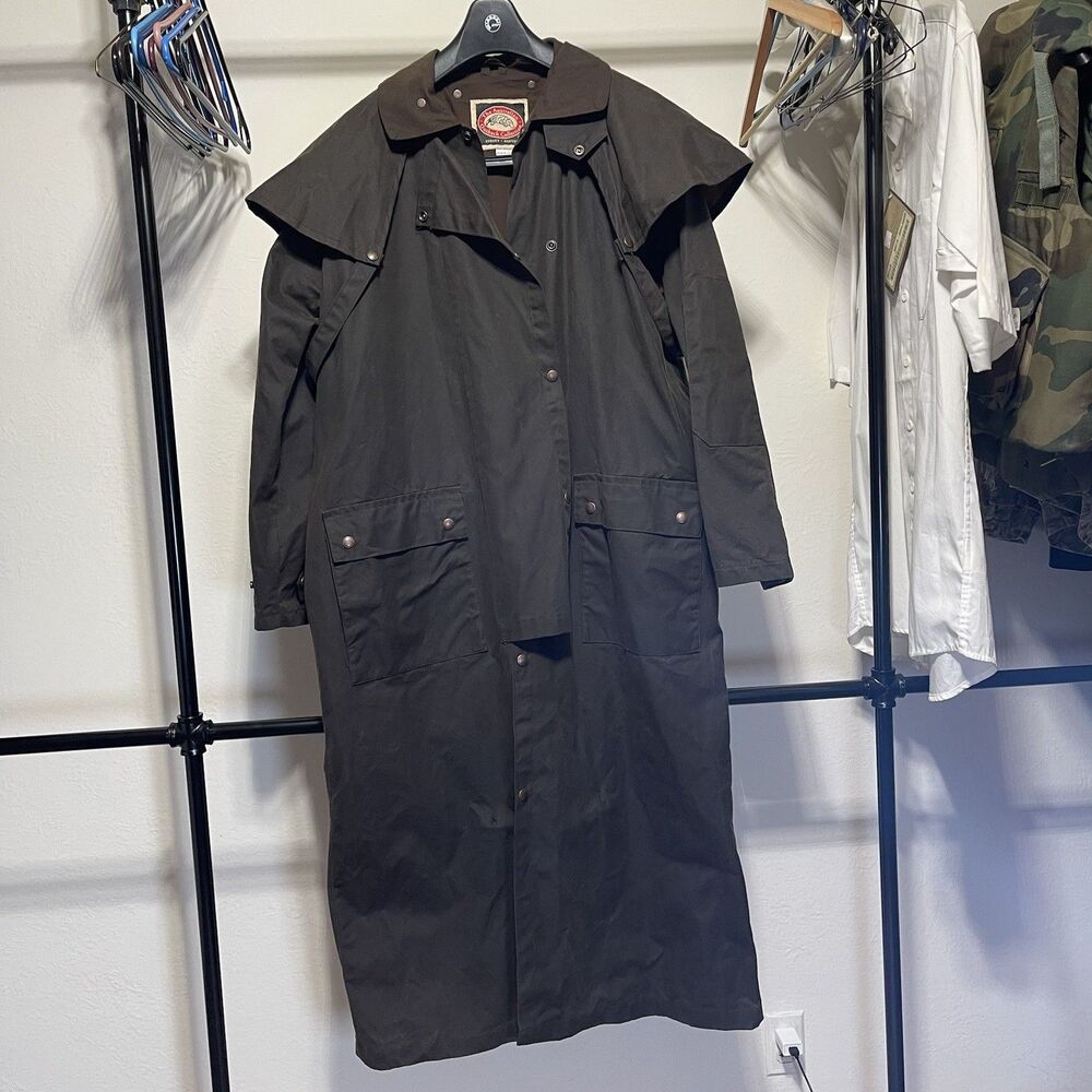 Australian Outback Collection Waxed Cotton Oilskin Jacket Brown Duster Coat Sz L
